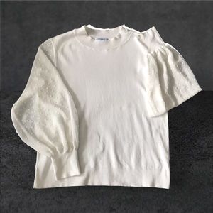 CeCe Pullover Top White Long Balloon Filmy Decorated Sleeve Round Neck Size L